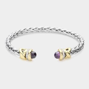 Purple CZ Stone Tip Twist Rope Cable Cuff Bracelet Bangle Textured Metal TwoTone